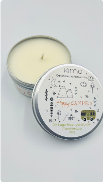 Am Lagerfeuer gerösteter Marshmallow Duftkerze im Blechdose aus Rapswachs Camping Happy Camper Spotify-Code mit Soundtrack Geschenkidee