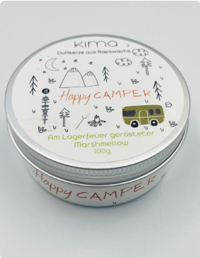 Am Lagerfeuer gerösteter Marshmallow Duftkerze im Blechdose aus Rapswachs Camping Happy Camper Spotify-Code mit Soundtrack Geschenkidee
