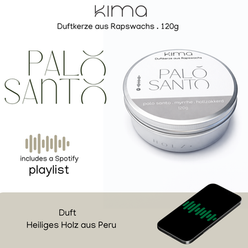 Palo Santo Duftkerze im Blechdose aus Rapswachs Yoga Meditation Spiritualität Heiliges holz Spotify-Code mit Soundtrack